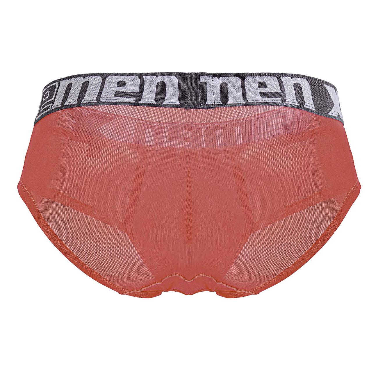 Xtremen 91236 microfiber briefs in orange sheer mesh with black elastic waistband and men logo in white lettering
