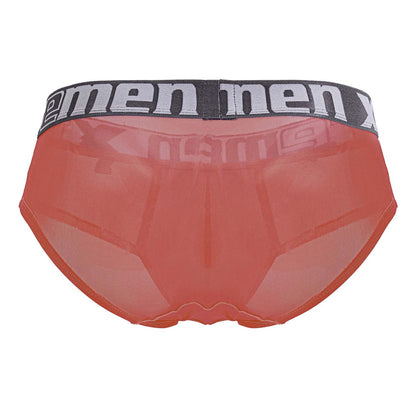 Xtremen 91236 microfiber briefs in orange sheer mesh with black elastic waistband and men logo in white lettering