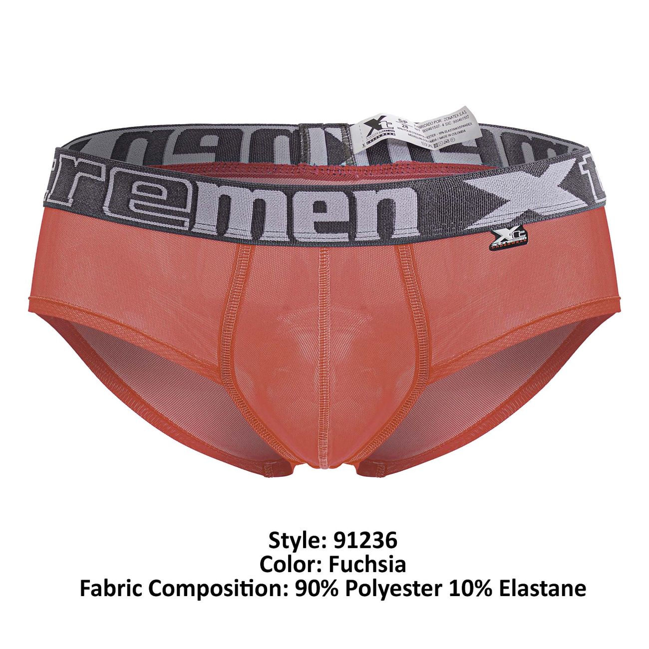 Fuchsia xtremen 91236 microfiber men’s briefs with gray elastic waistband featuring xtreme logo and branding