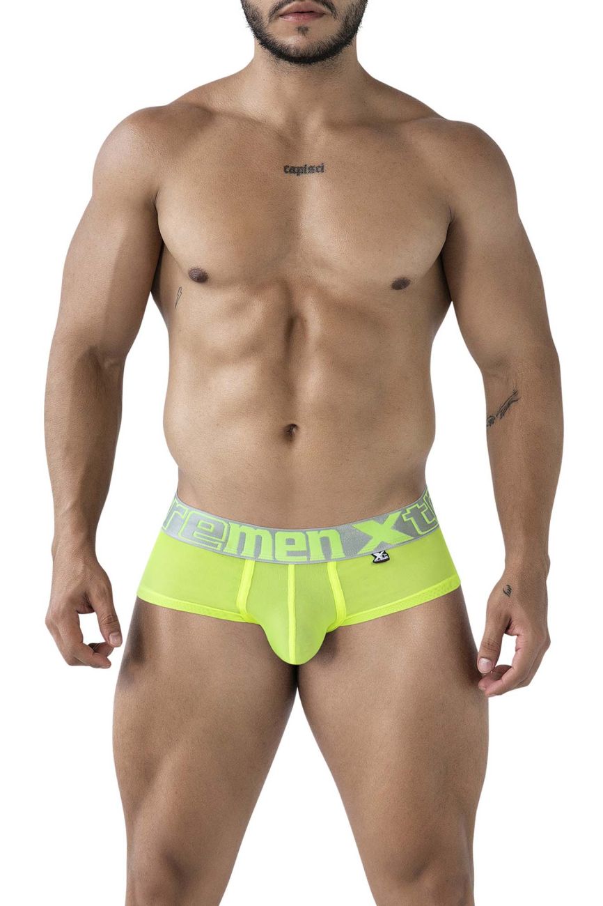 Bright neon yellow xtremen 91236 microfiber men’s briefs with gray waistband and green femen xt logo