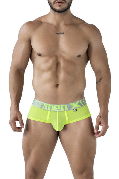 Bright neon yellow xtremen 91236 microfiber men’s briefs with gray waistband and green femen xt logo