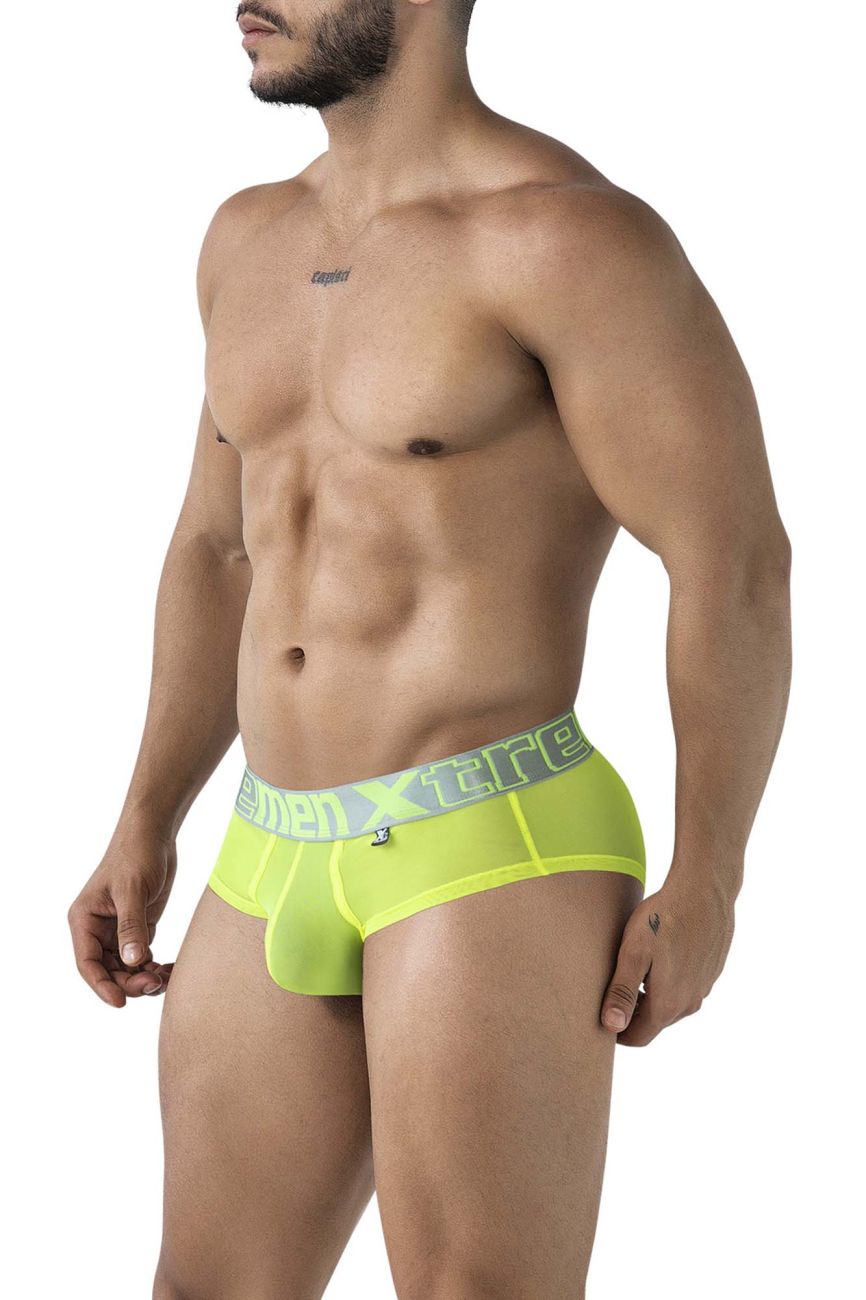 Bright neon yellow menxtreme microfiber briefs with a gray waistband designed for comfort and support