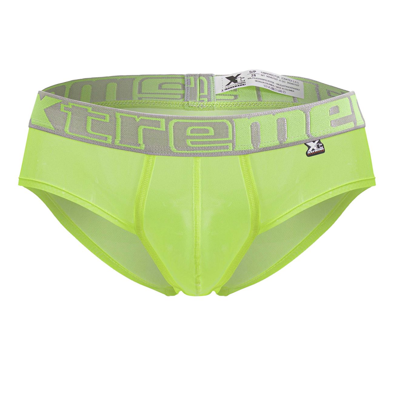 Neon green xtremen 91236 microfiber briefs with gray elastic waistband featuring bold extreme lettering