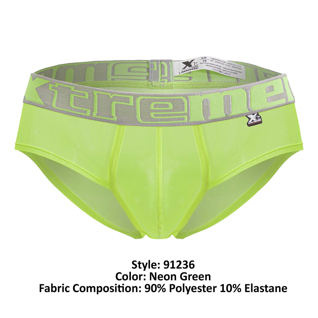 Neon green xtremen 91236 microfiber men’s briefs with gray xtreme logo band and black brand emblem