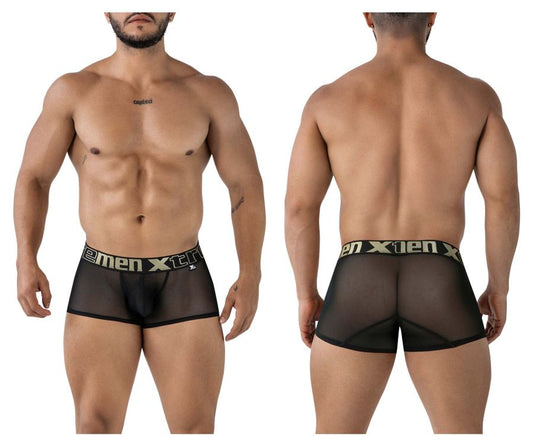 Black sheer mesh xtremen 91237 microfiber trunks for men with black elastic waistband featuring white and gold xtreme logo