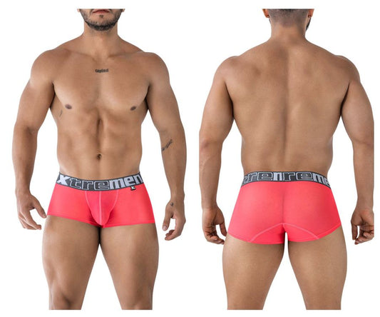 Vibrant coral-colored xtremen 91237 microfiber men’s trunks with black waistband and white logo