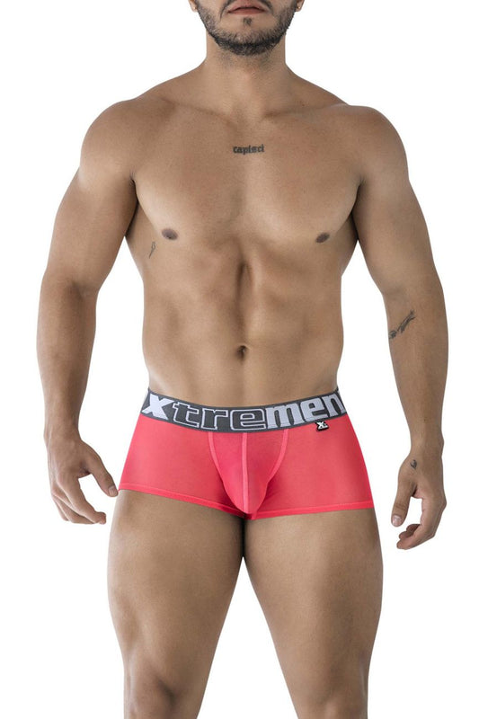 Bright red sheer mesh briefs with black and white xtremen waistband logo microfiber trunks color fuchsia