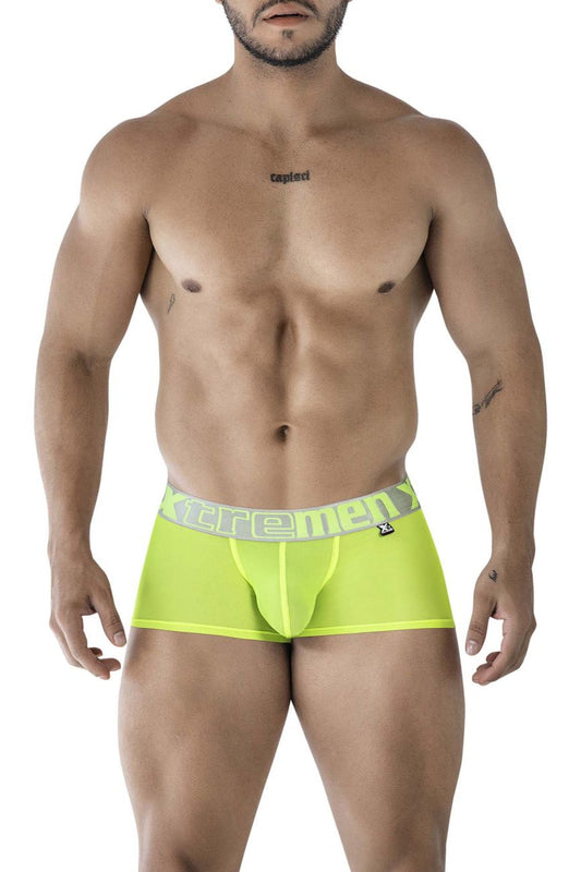 Bright neon green xtremen 91237 microfiber men’s boxer briefs with gray elastic waistband and xtreme logo