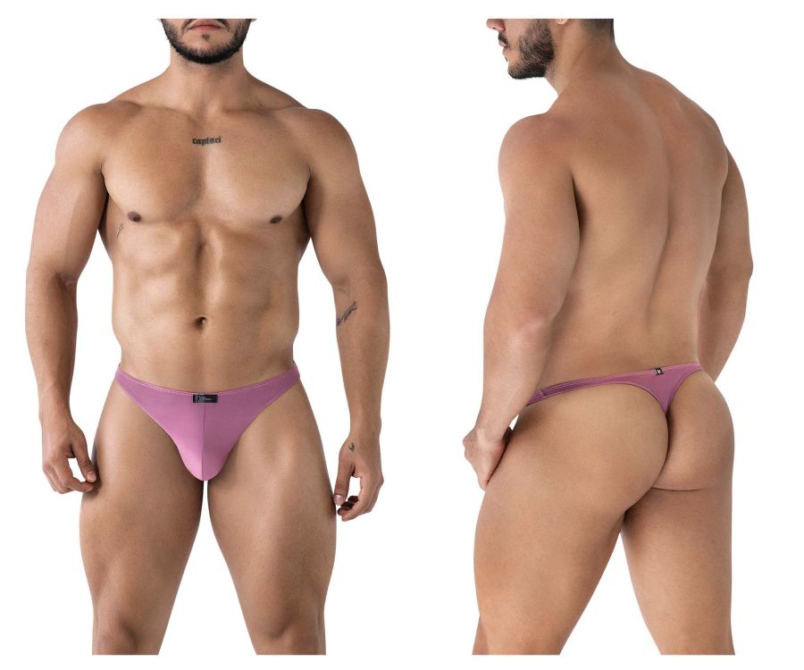 A sleek lavender blackberry microfiber thong with smooth fabric minimalist design and subtle waistband branding