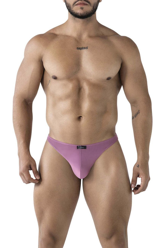 Purple microfiber thong with sleek minimalist design and black Xtremen brand tag at waistband in blackberry color