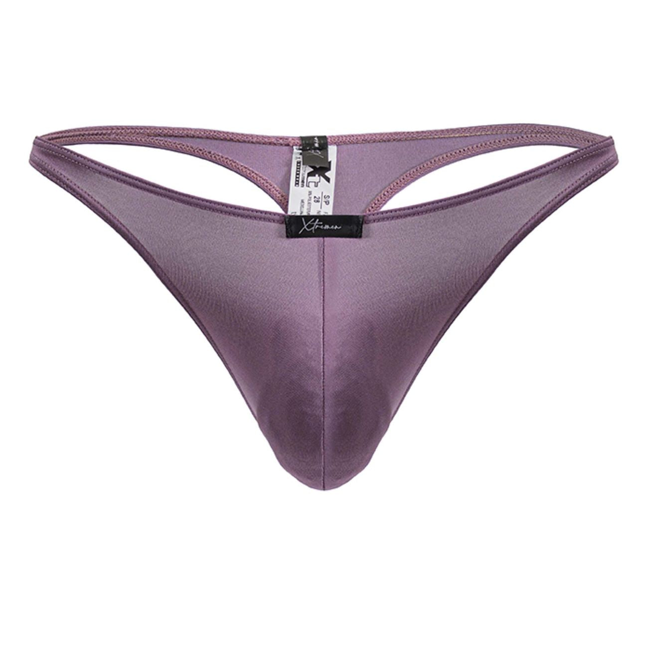 Purple satin microfiber thong xtremen 91238 in blackberry with sleek smooth texture and central seam visible from the back