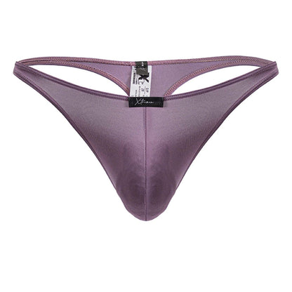 Purple satin microfiber thong xtremen 91238 in blackberry with sleek smooth texture and central seam visible from the back