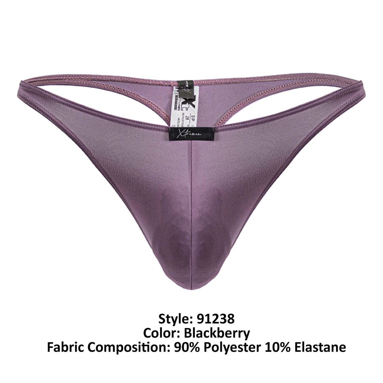 Purple satin-like microfiber thong in blackberry color with black xtremen brand tag and size label visible