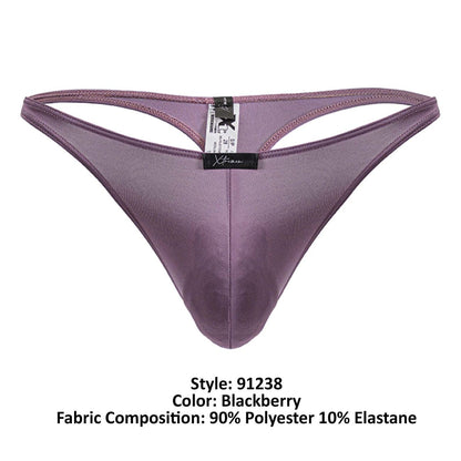 Purple satin-like microfiber thong in blackberry color with black xtremen brand tag and size label visible