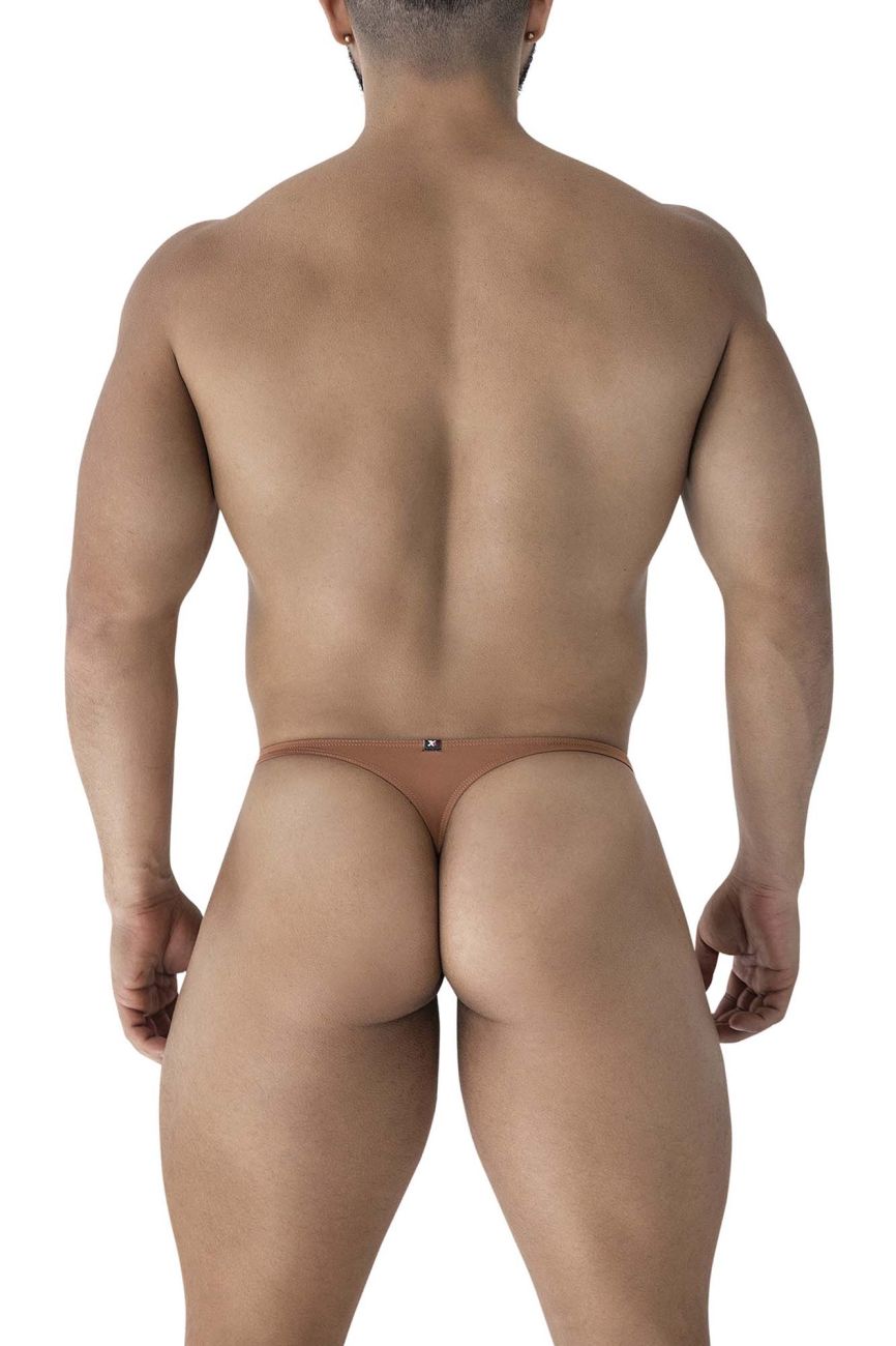 Tan thong briefs in brown microfiber with a small black logo on the backband shown from the back side
