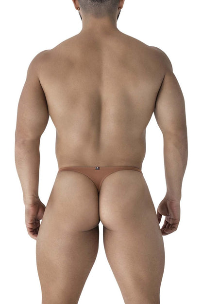 Tan thong briefs in brown microfiber with a small black logo on the backband shown from the back side