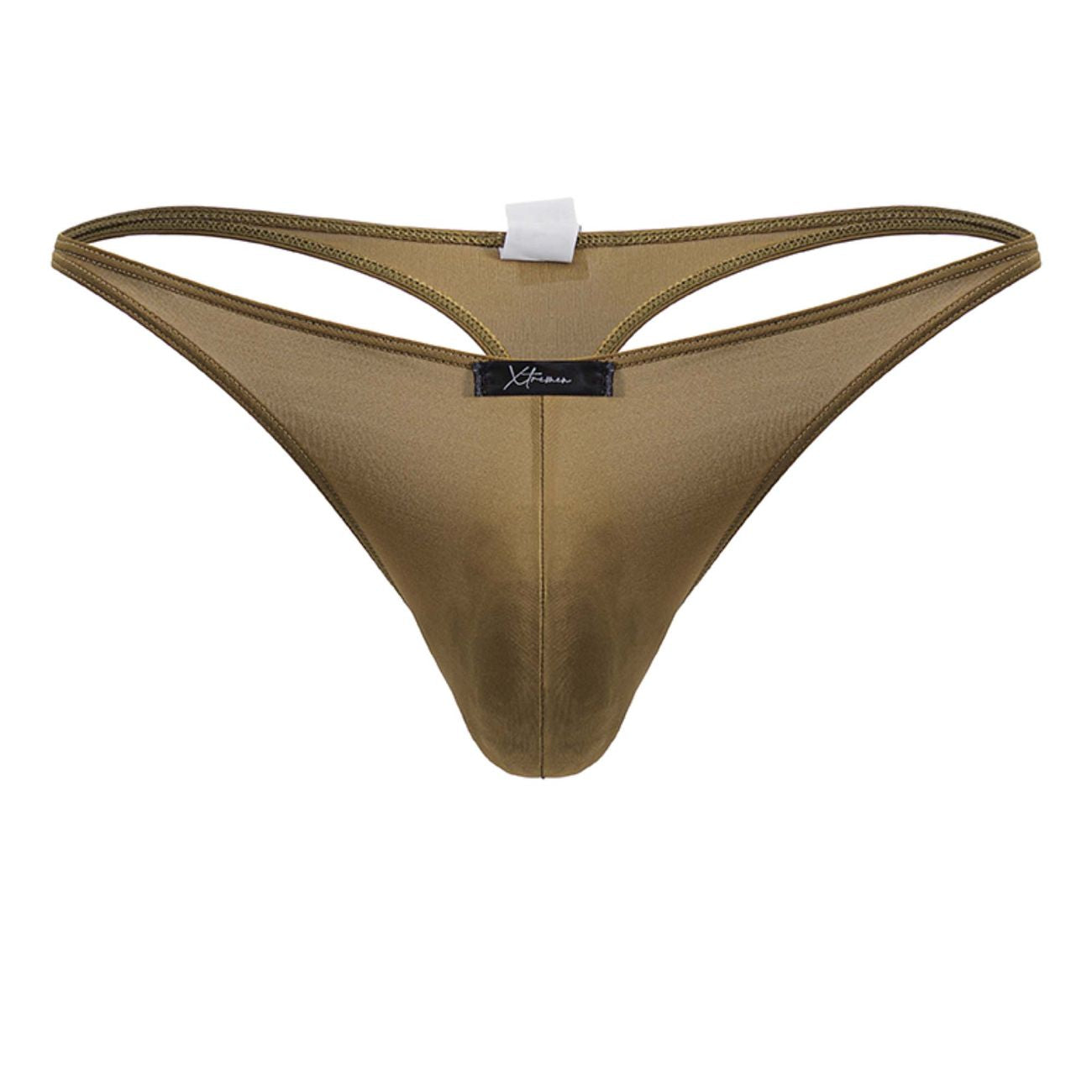 Xtremen 91238 brown microfiber thong with olive green mesh and smooth satin finish featuring a black brand tag