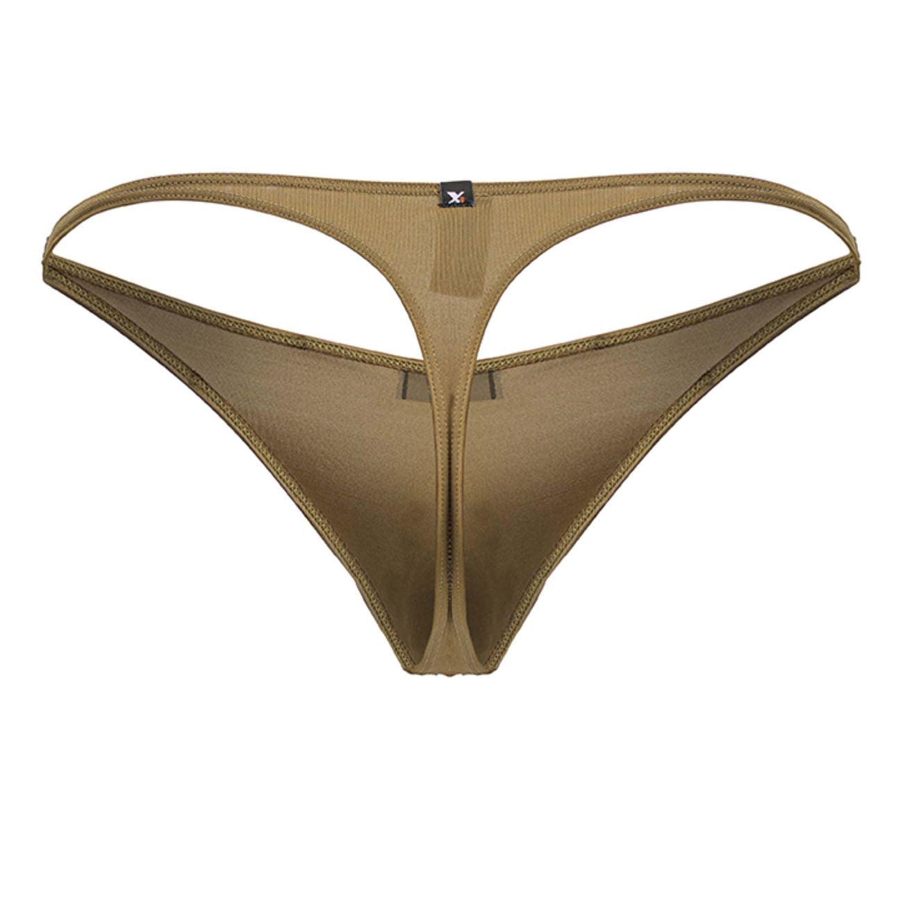 Tan xtremen 91238 microfiber thong with central zipper and reinforced stitching along edges in brown color