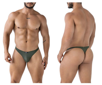 Olive green men’s microfiber thong with small metallic logo on front xtremen 91238 micro thong