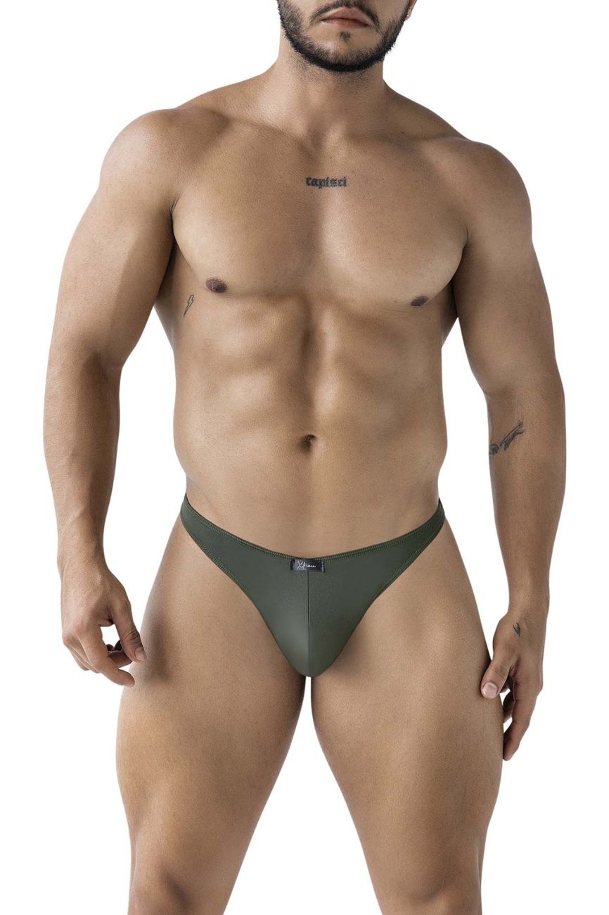 Dark olive green xtremen 91238 microfiber thong with smooth stretchy fabric and a small black brand tag at the waistband
