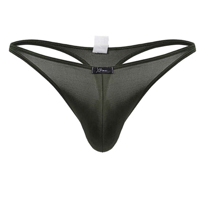 Black sheer mesh Xtremen 91238 microfiber thong with subtle sheen and reinforced elastic waistband in green