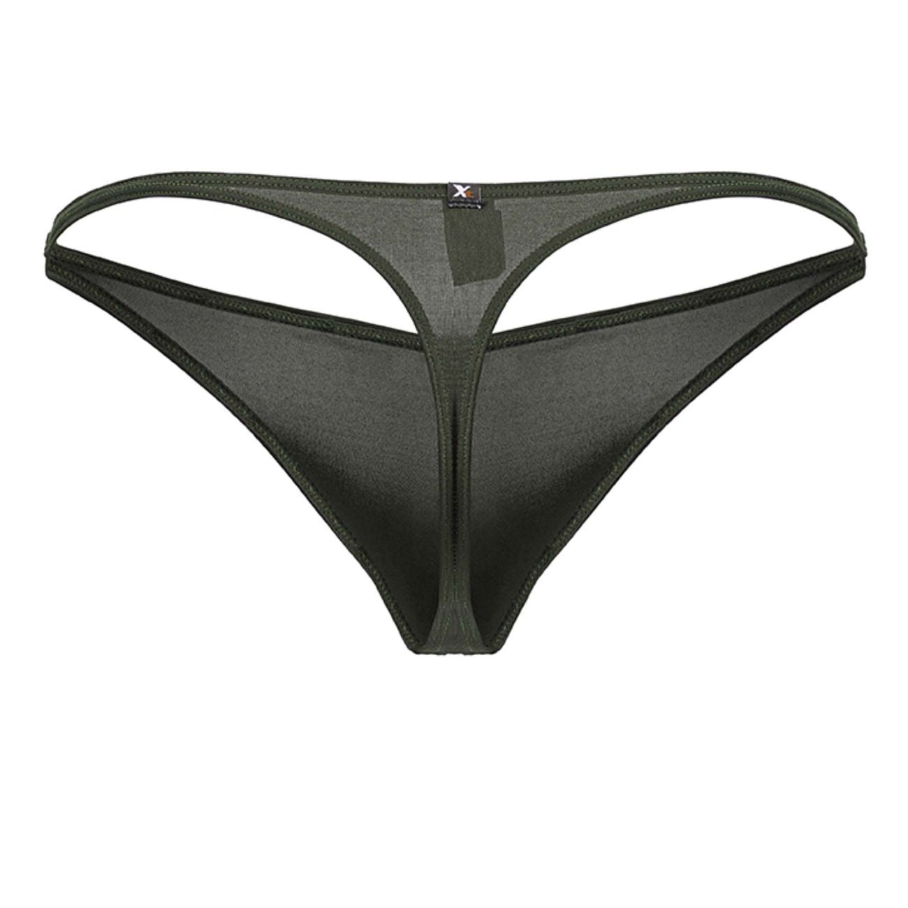 Green xtremen 91238 microfiber thong with black sheer fabric, thin supportive waistband, and reinforced stitching edges