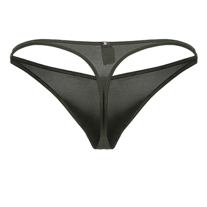 Green xtremen 91238 microfiber thong with black sheer fabric, thin supportive waistband, and reinforced stitching edges