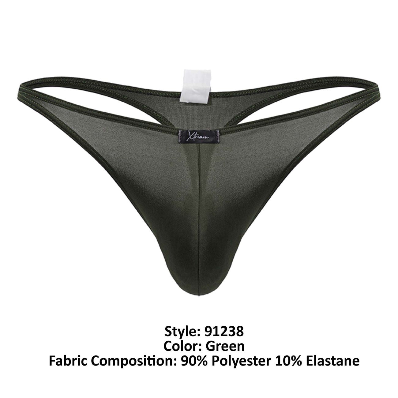 Black sheer xtremen 91238 microfiber thong in green with subtle sheen and reinforced elastic waistband shown from the back