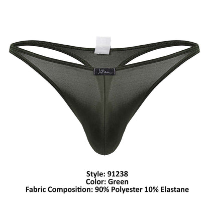 Black sheer xtremen 91238 microfiber thong in green with subtle sheen and reinforced elastic waistband shown from the back