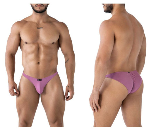 Purple microfiber thong bikini with smooth form-fitting design and small brand tag at front color blackberry