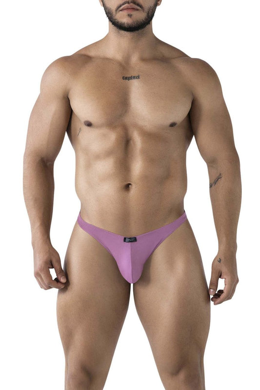 Purple microfiber thong bikini with small black Xtremen brand tag at center waistband color blackberry