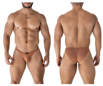 Tan-colored xtremen 91239 microfiber bikini briefs with subtle elastic waistband and black brand tag at front