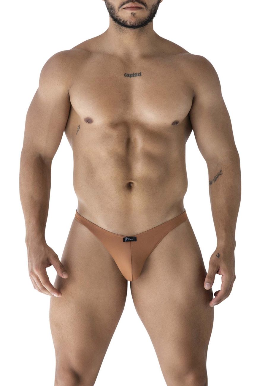 Tan microfiber thong bikini in form-fitting design with small black xtremen brand tag at waistband back side view