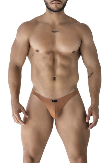 Tan microfiber thong bikini in form-fitting design with small black xtremen brand tag at waistband back side view