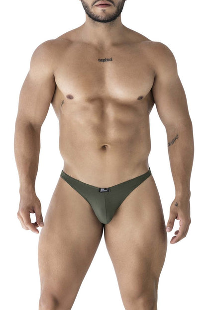 Olive green microfiber thong bikini with small black xtremen brand tag at the waistband front side