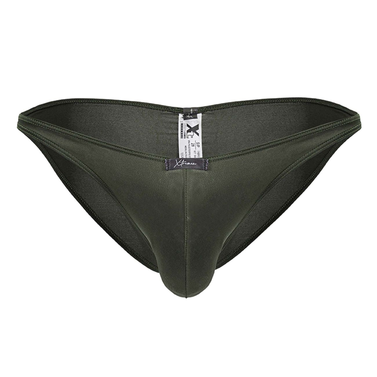 Dark olive green sleek form-fitting men’s briefs with a smooth satin-like finish Xtremen 91239 microfiber bikini