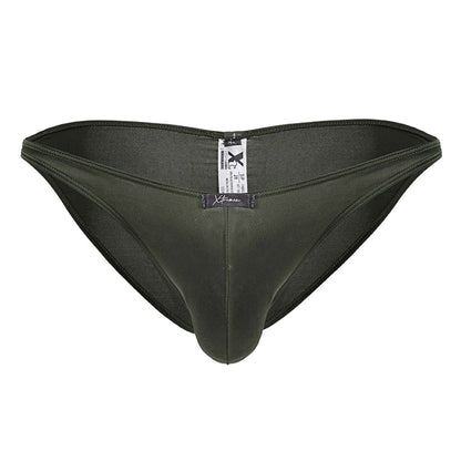 Dark olive green sleek form-fitting men’s briefs with a smooth satin-like finish Xtremen 91239 microfiber bikini