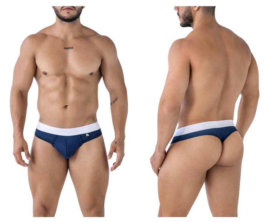 Navy blue and white xtremen 91241 microfiber briefs with snug fit and small waistband logo front view