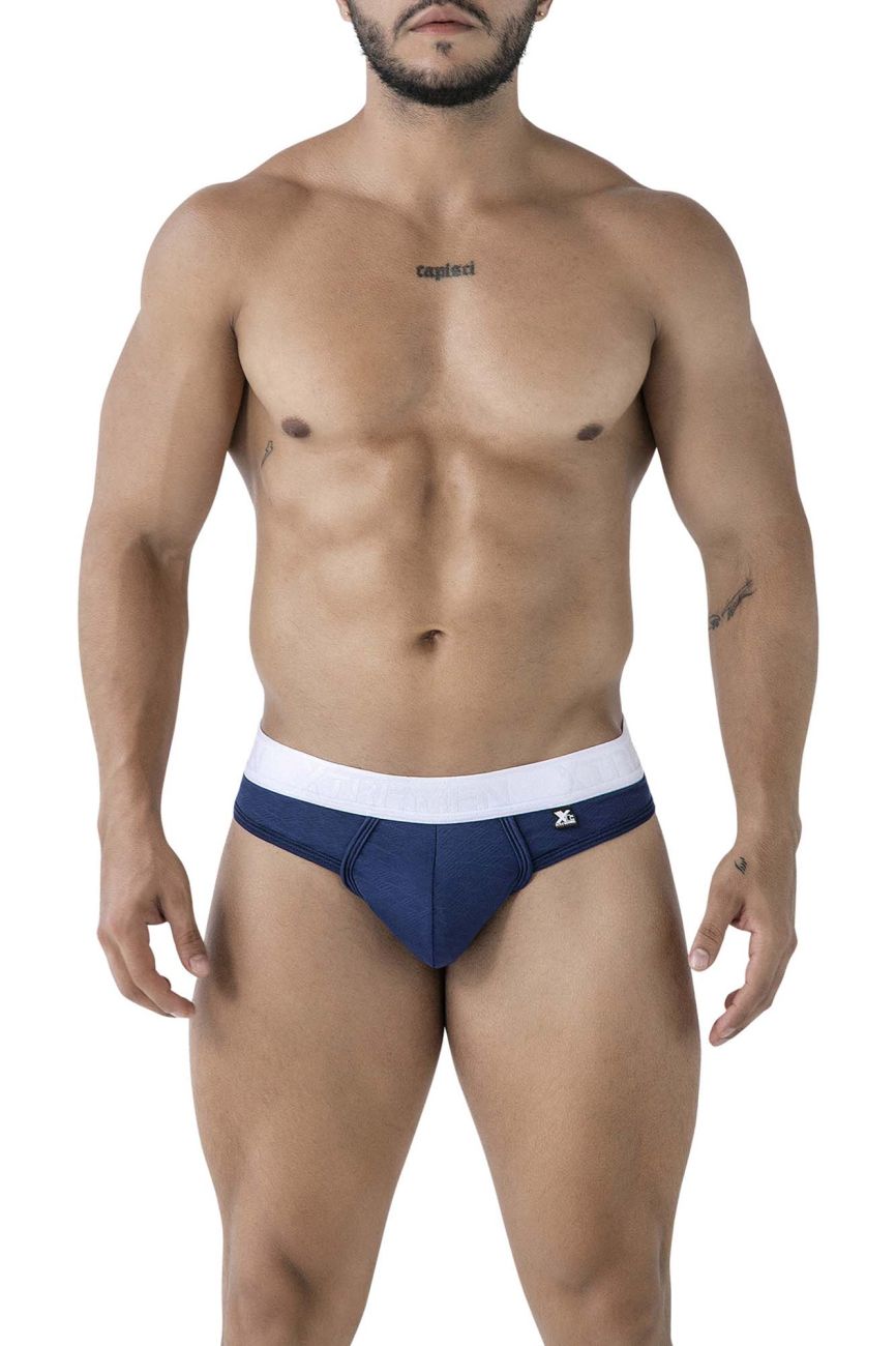 Navy blue and white microfiber briefs with a small logo on the waistband from Xtremen 91241 micro thong collection