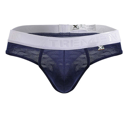 Navy blue lace thong with white elastic waistband and Xtremen branding made of microfiber for comfortable wear