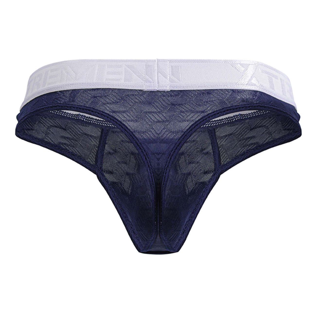 Navy blue Xtremen 91241 microfiber lace thong with white elastic waistband featuring embossed lettering