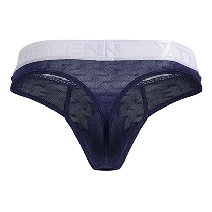 Navy blue Xtremen 91241 microfiber lace thong with white elastic waistband featuring embossed lettering