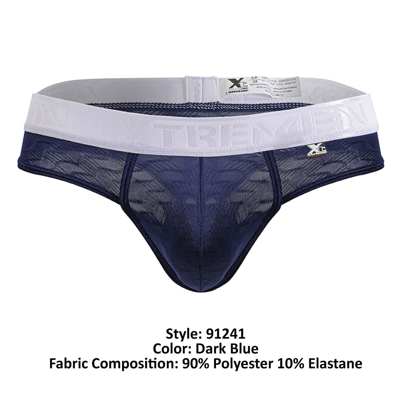 Dark blue lace-trimmed xtremen 91241 microfiber men’s briefs with white elastic waistband featuring tremein branding