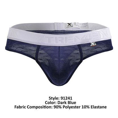 Dark blue lace-trimmed xtremen 91241 microfiber men’s briefs with white elastic waistband featuring tremein branding