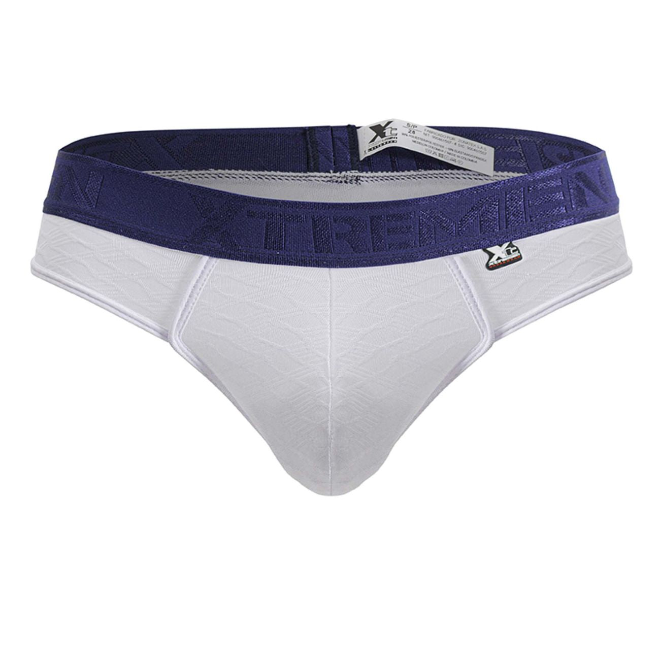 White and navy blue mens microfiber briefs with textured xtreme logo waistband front view in xtremen 91241 model