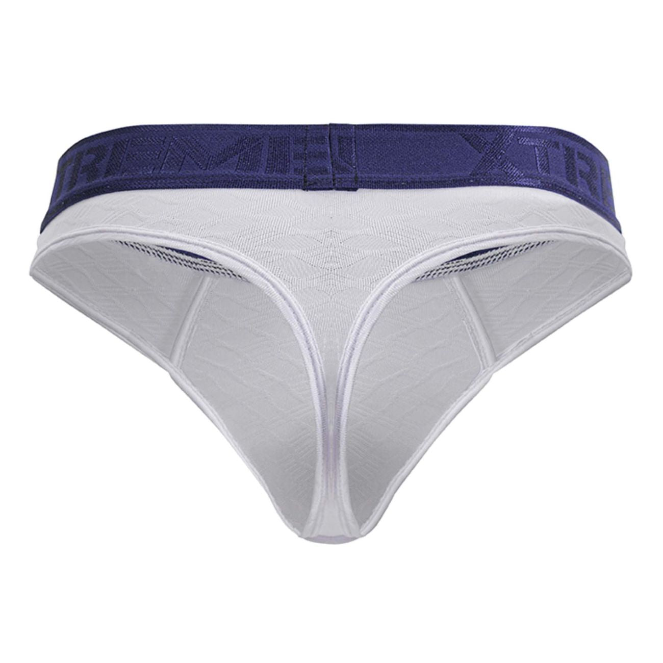 White microfiber thong with navy blue supreme elastic waistband shown from the back xtremen 91241 model