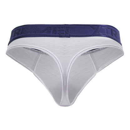 White microfiber thong with navy blue supreme elastic waistband shown from the back xtremen 91241 model