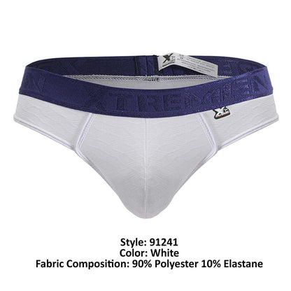White xtremen 91241 microfiber thongs with navy waistband logo and embroidered brand emblem