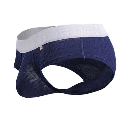 Navy blue textured xtremen 91242 microfiber briefs with white elastic waistband and xtremen brand name