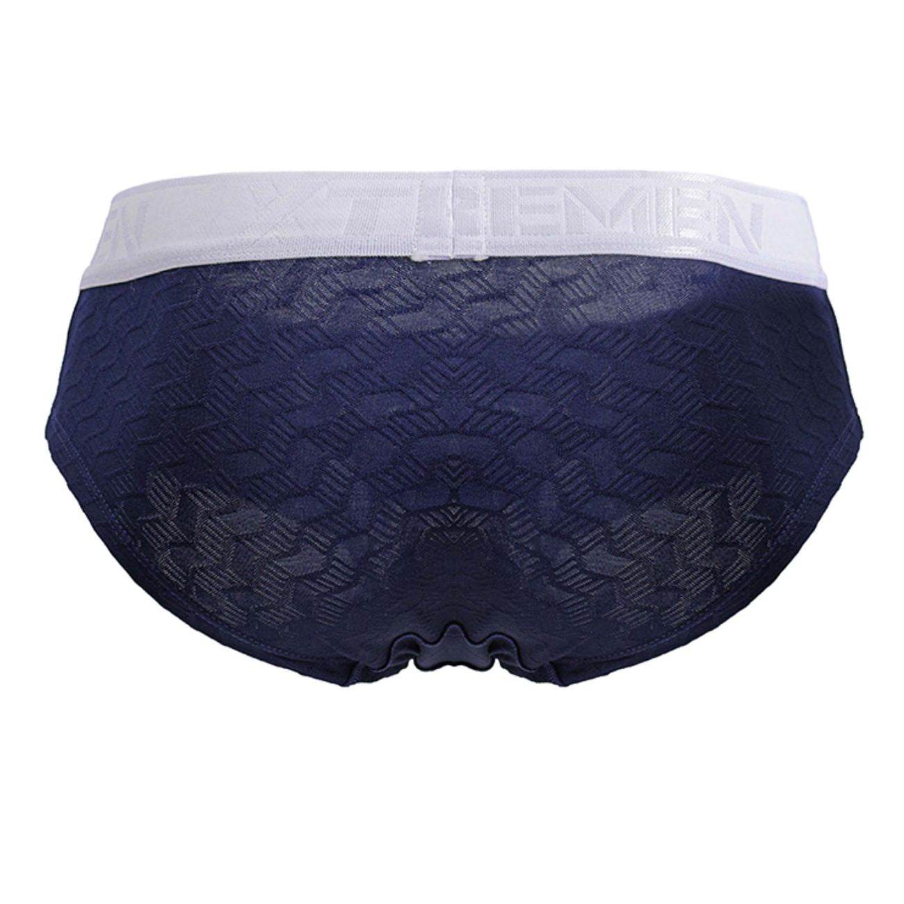 Dark blue microfiber men’s briefs with textured fabric and white elastic waistband featuring x-treme men logo